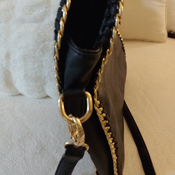 Designer Style Stella McCartney Style Crossbody Clutch Bag Black Gold Chain - Picture 7 of 15